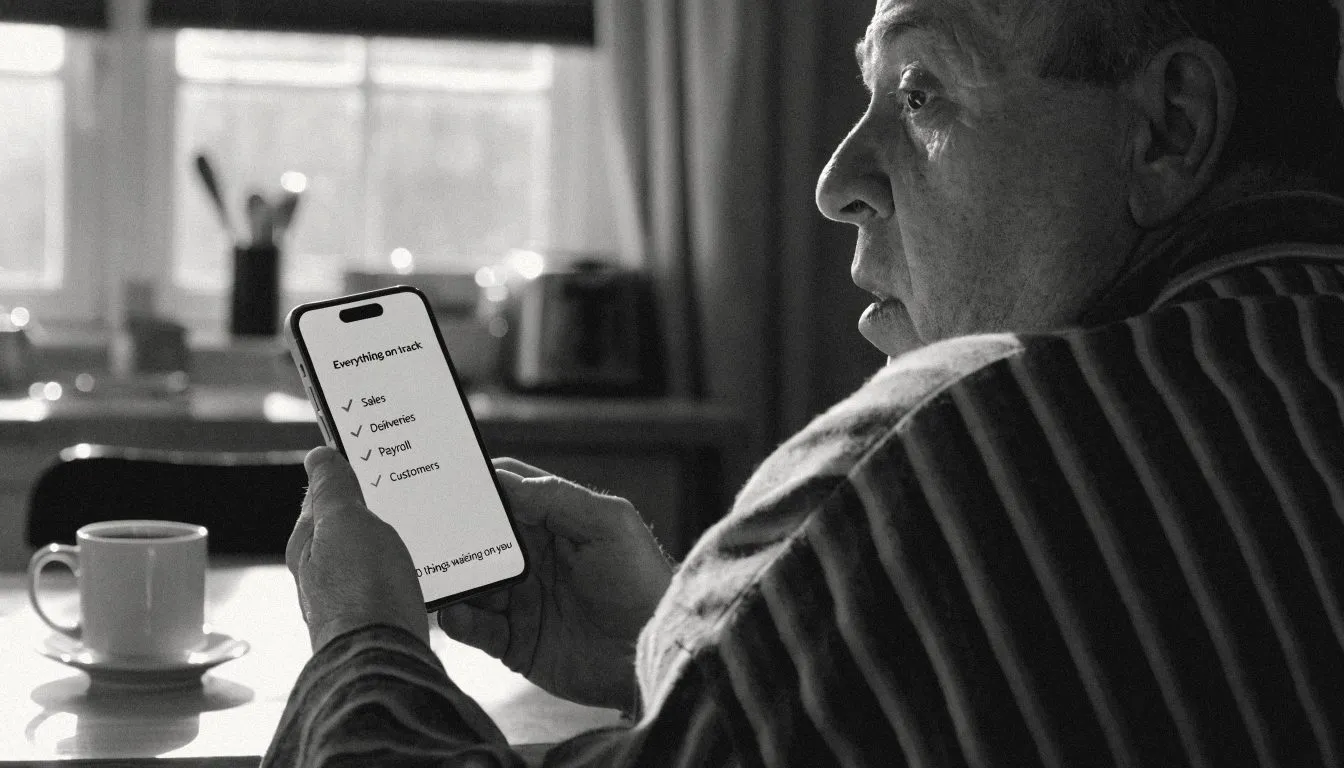 Over the shoulder of a founder in a dressing gown at the kitchen table with a coffee, reading a phone checklist headed "Everything on track", every line ticked, "0 things waiting on you", his face deflated rather than pleased.