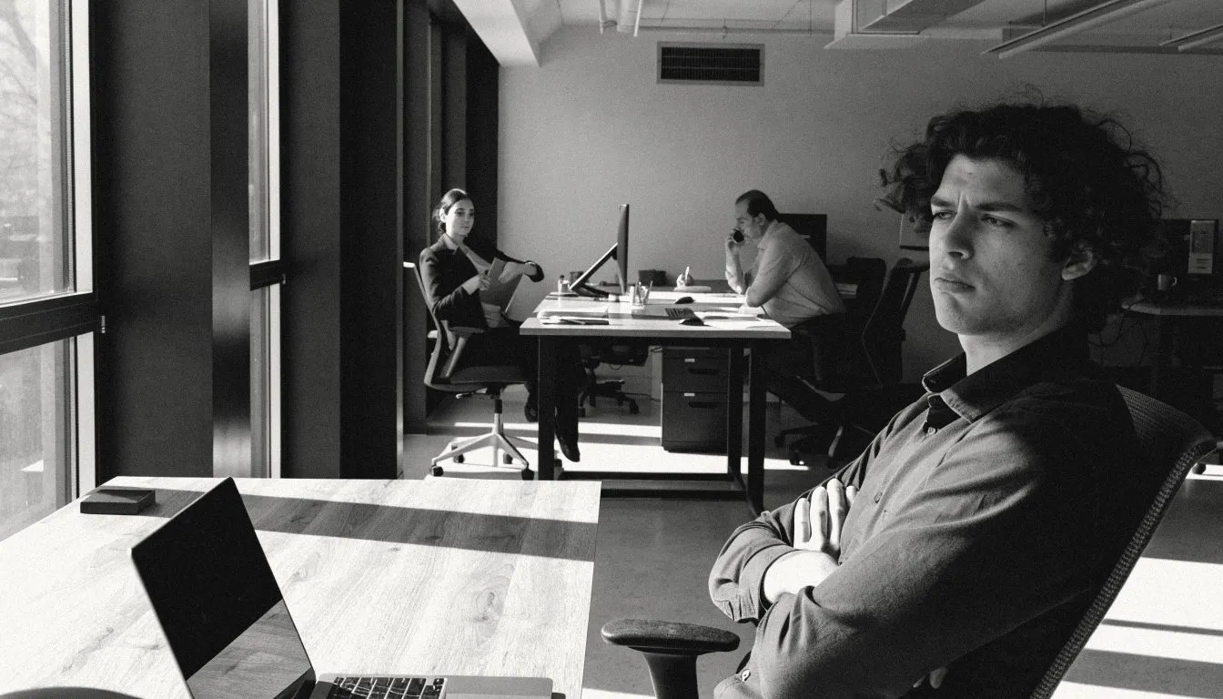 An open-plan office: a colleague in the foreground sits back with arms folded, waiting; at the far desk the founder is on the phone and signing at once while a second colleague waits opposite.