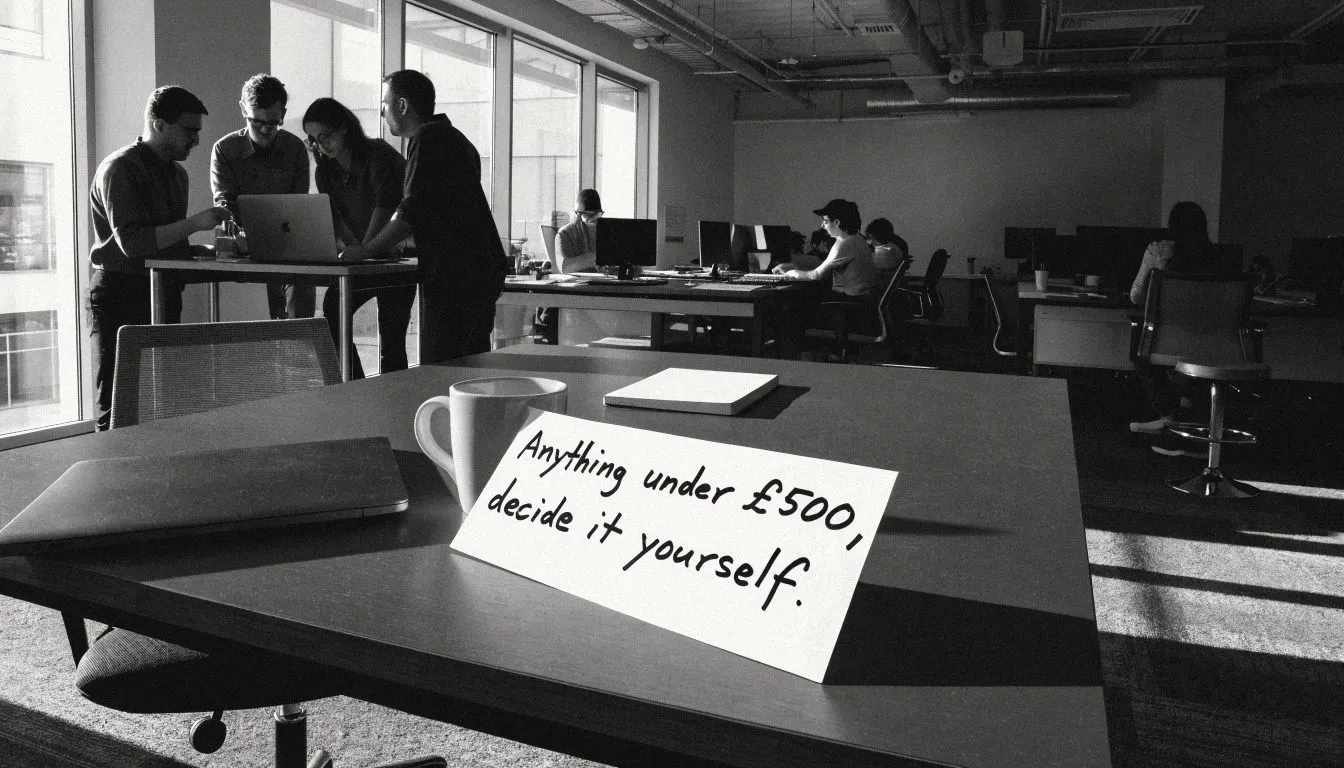A tidy founder's desk in a working office, chair empty: a closed laptop, an empty mug and an index card against it reading "Anything under £500, decide it yourself." Behind, the team decides something round one laptop.