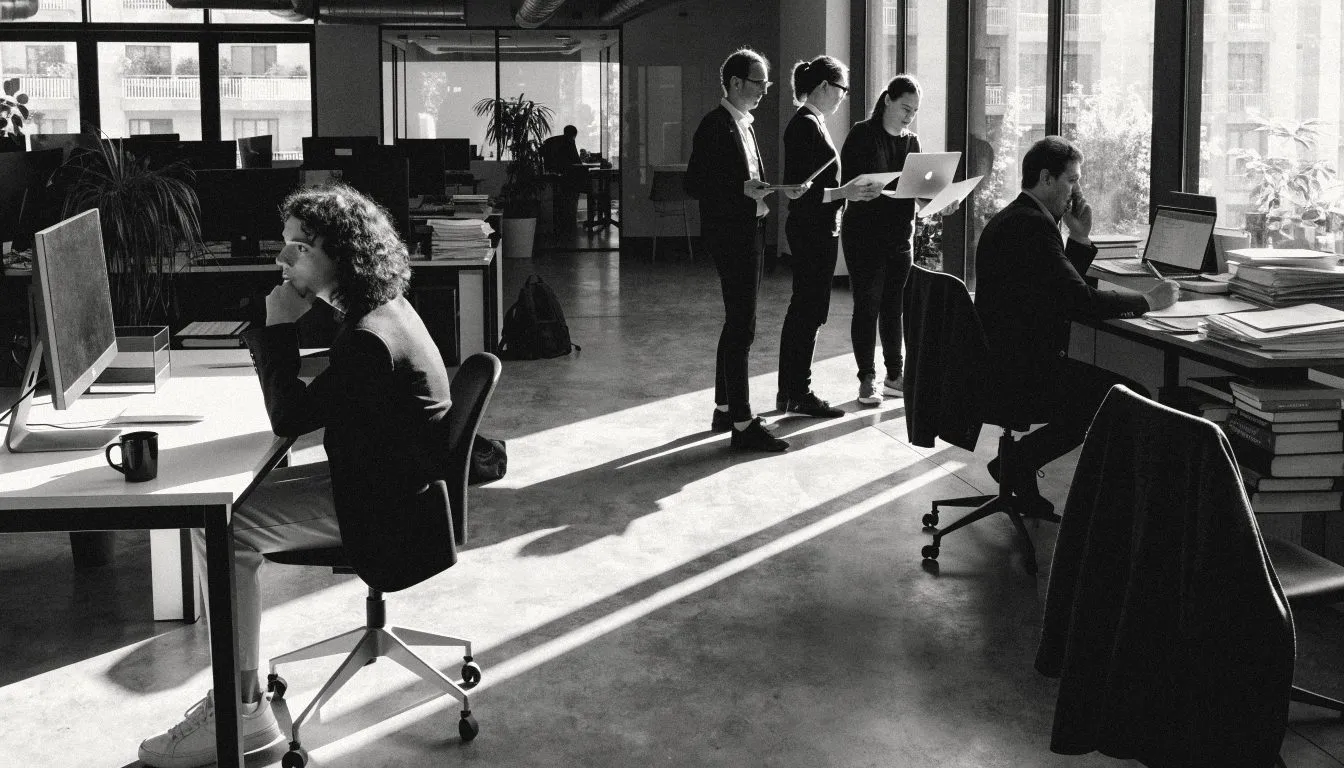 An open-plan office: the new operations hire sits idle at a tidy desk in the foreground while three staff queue at the founder's cluttered desk across the room.