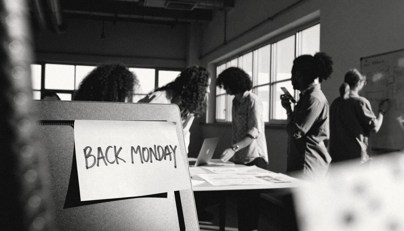 A sticky note on the founder's switched-off monitor reading "BACK MONDAY", and behind it the team around a table and a whiteboard, working it out themselves.